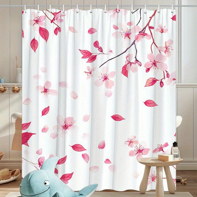 1pc Oversized Cherry Blossom Shower Curtain - Pale Pink Flowers On White Background, Machine Washable Polyester Fabric
