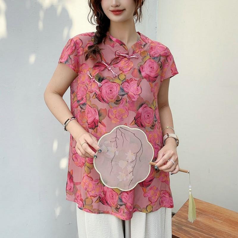 Summer Rayon Blend Cheongsam Short Sleeve Tshirts Frog Closure Tops Floral Print New Chinese Style Plus size Independent Design