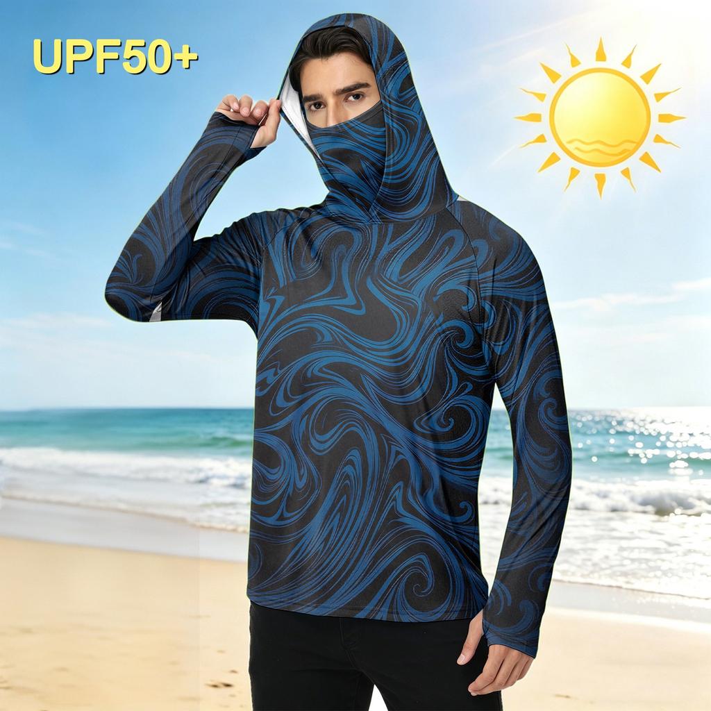 Men's Casual Outdoor Hooded Long Sleeve Sun Protection Shirt Lightweight Breathable Striped Printed Pullover Top for Sports Hiking Fishing