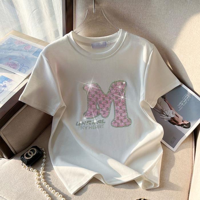 

Front shoulder white short-sleeved t-shirt women s spring and autumn 2025 new summer fashion heavy industry hot diamond design top 3XL білий