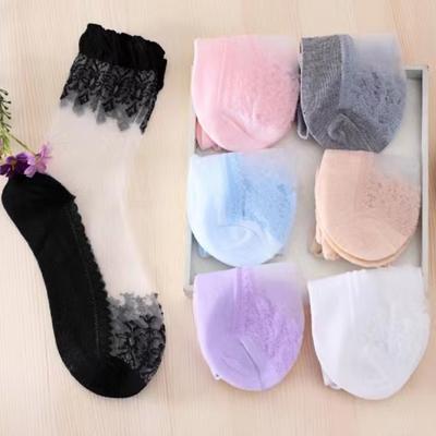 1 Paire Printemps Été Dames Ultra-minces Dentelle Broderie Soie Transparent Verre Cristal Extensible Femmes Doux Élastique Respirant Chaussettes