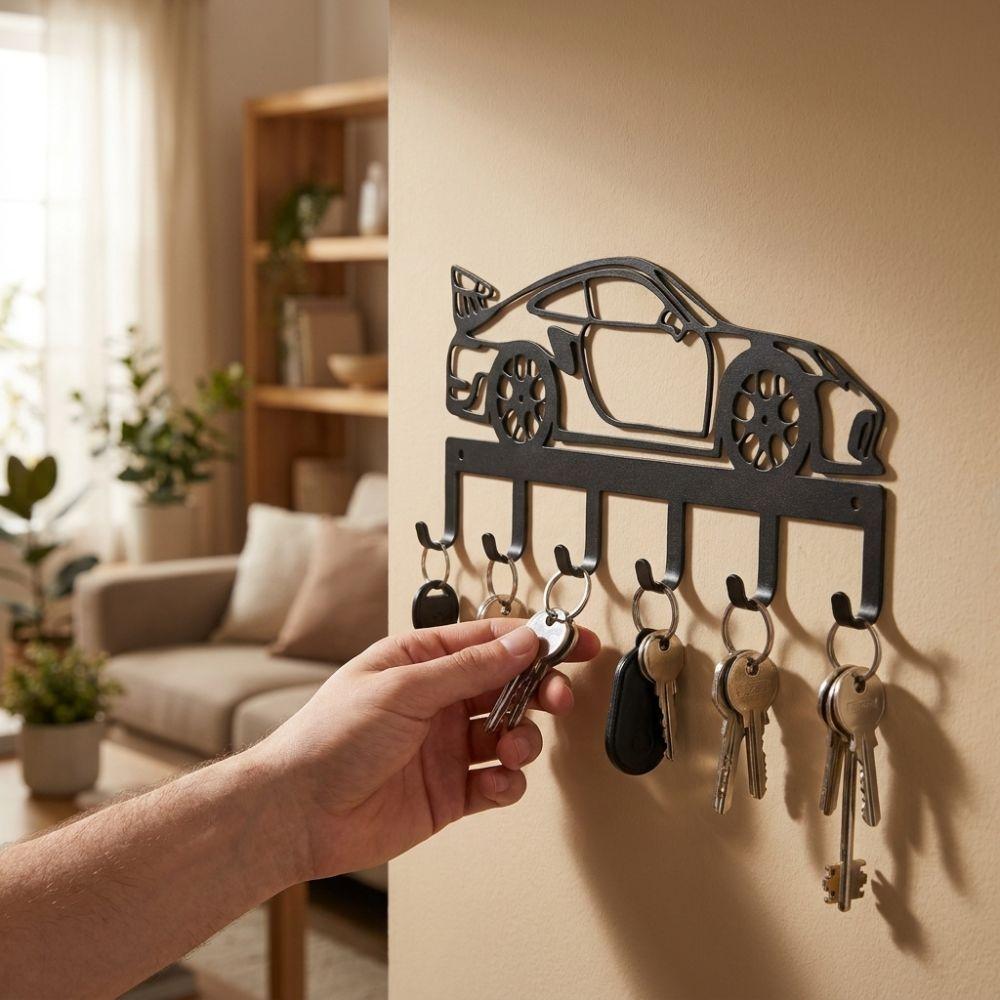 Black Minimal Metal Car Key Holder Wrought Iron Cutout Race Car Hook Wall Mount Key Rack Entryway