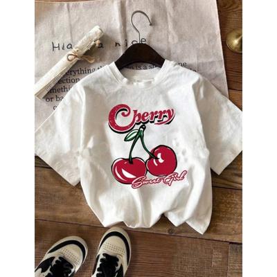2025 New Womens White Round Neck Short Sleeve TShirt Casual Cherry Printed TShirt Suitable for Summer