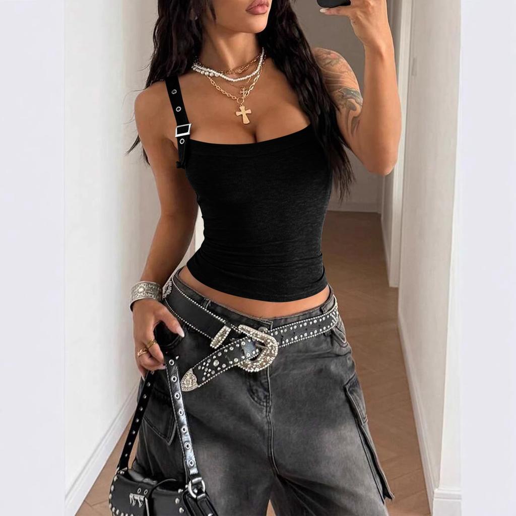 Ärmelloses Rippstrick-Tanktop für Damen, figurbetont, quadratischer Ausschnitt, Basic, dehnbar, lässiges Shirt für den täglichen Gebrauch