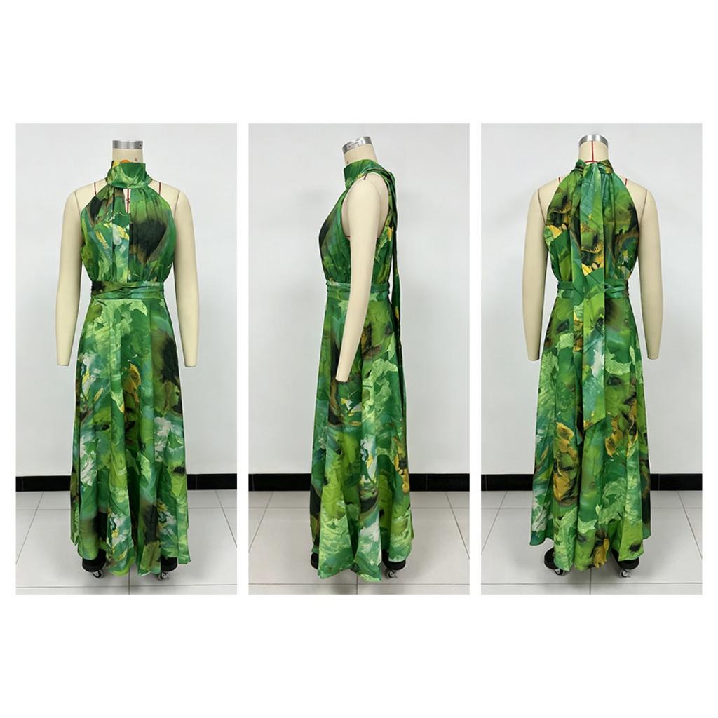 Women Halter Neck Sleeveless Printed Tie Waist Flowy Hem Dress, Casual Fashion Summer Dress for European American Women