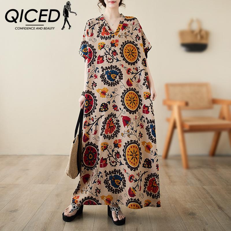 

QICED Летнее тонкое свободное платье больших размеров с v-образным вырезом в стиле арт-отпуск, пляжное платье, длинное платье в стиле ретро с мясом Uniform size