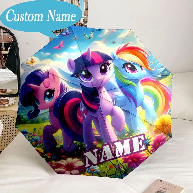Custom Name Rainbow Pony Umbrella, 8-Rib Folding Umbrella, Lightweight Portable Design for Lovers, Friends, Perfect Gift for Birthdays