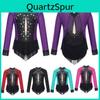 Farbenfarbener Gymnastikanzug Mädchen Strasssteine Funkelnd Block Durchsichtiges Netz Patchwork Rockteiliger Body Tanz Eiskunstlauf Gymnastik Leotard Kleid