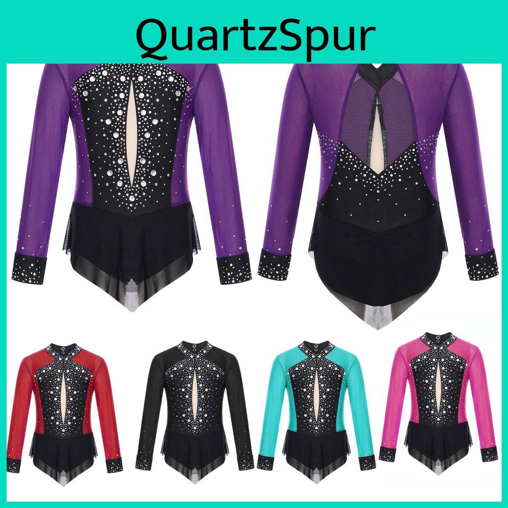 Farbenfarbener Gymnastikanzug Mädchen Strasssteine Funkelnd Block Durchsichtiges Netz Patchwork Rockteiliger Body Tanz Eiskunstlauf Gymnastik Leotard Kleid