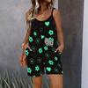 Womens Sleeveless Spaghetti Strap Romper Cartoon Cat Print Pocket Short Jumpsuit