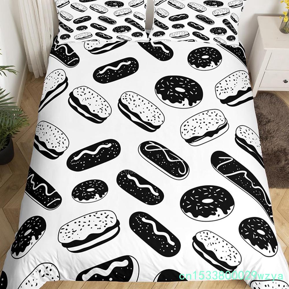 Donuts Bedding Duvet Cover Chocolate Doughnut Bedding Set Black White Comforter Cover Microfiber Whimsical Dessert Quilt Cover