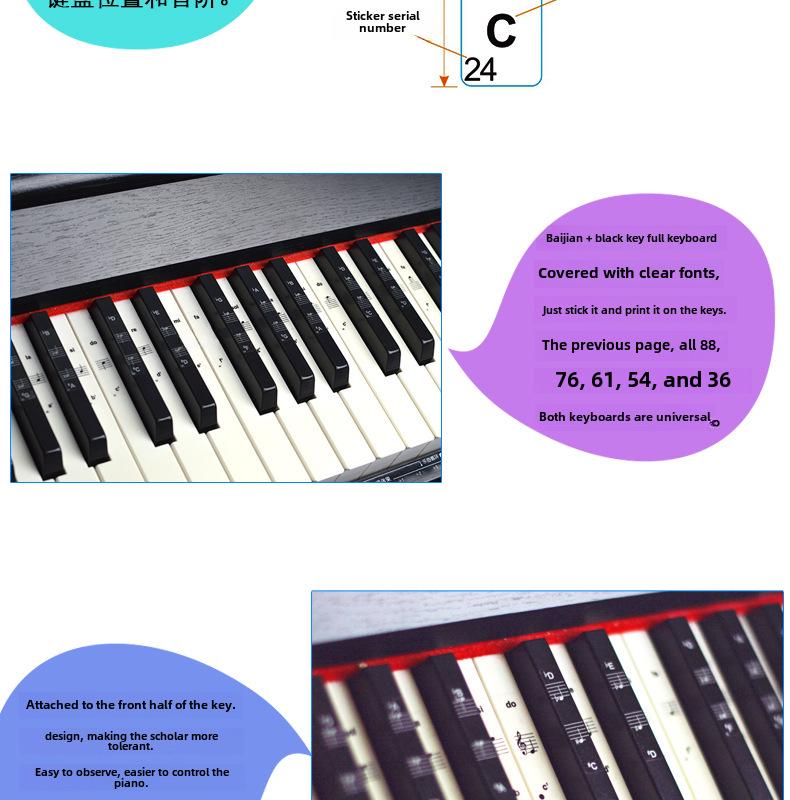 Genomskinliga klistermärken för pianotangenter för självstudier: Passar 88-, 61- & 54-tangenters klaviaturer