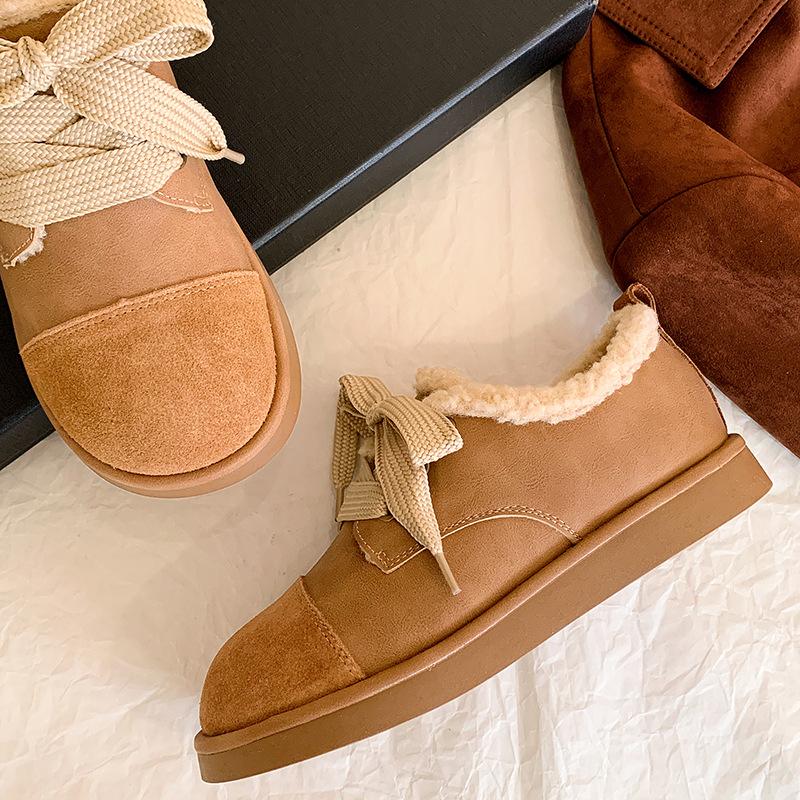 New spot leather retro Birkenstock wool shoes women's 2025 winter velvet snow boots round head casual lace-up