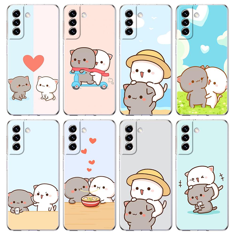 Cute Cartoon Cat Couple Phone Case For Samsung Galaxy S24 Ultra S23 FE S22 S20 S21 5G S10 S9 Plus S10E S8 Soft Clear Cover