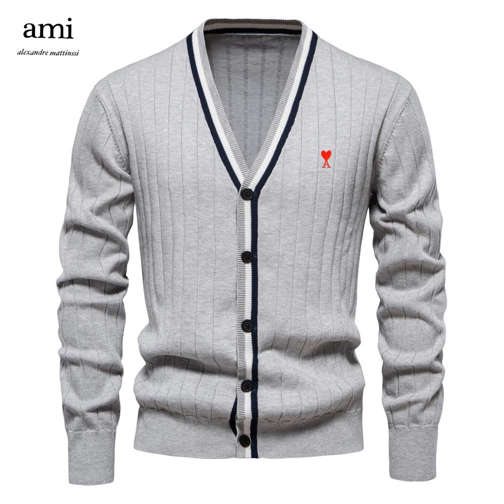 AMI 2025 Осень/Зима Вышитый Новый Кардиган Мужской V-образный вырез Длинный рукав Свитер Вязаное Пальто XXL