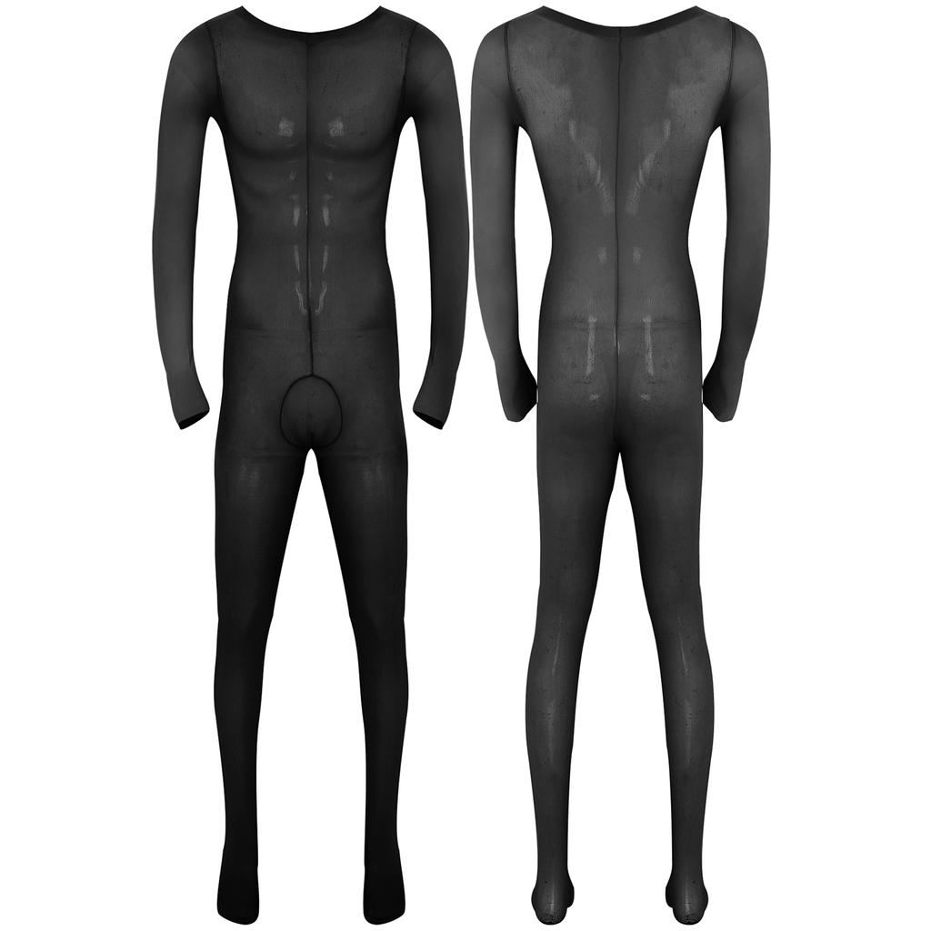 Mens Solid Color Bodystocking Long Sleeve Stretchy Bodysuit with Bulge Pouch Nightwear Underwear