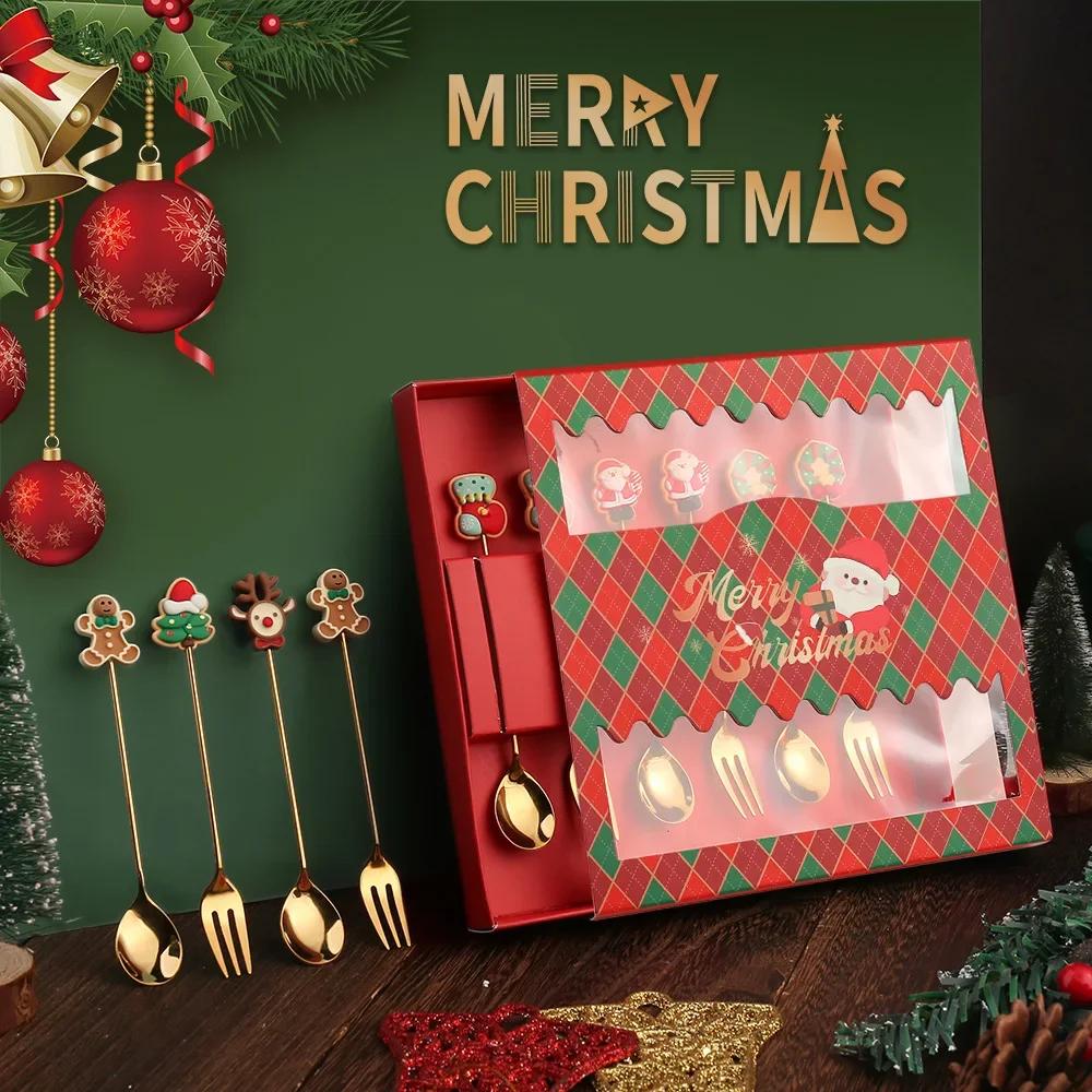2025 Christmas Spoon and Fork Set Stainless Steel Creative Tableware Coffee Tea Dessert Spoon Spoons with Gift Box 6Pcs New