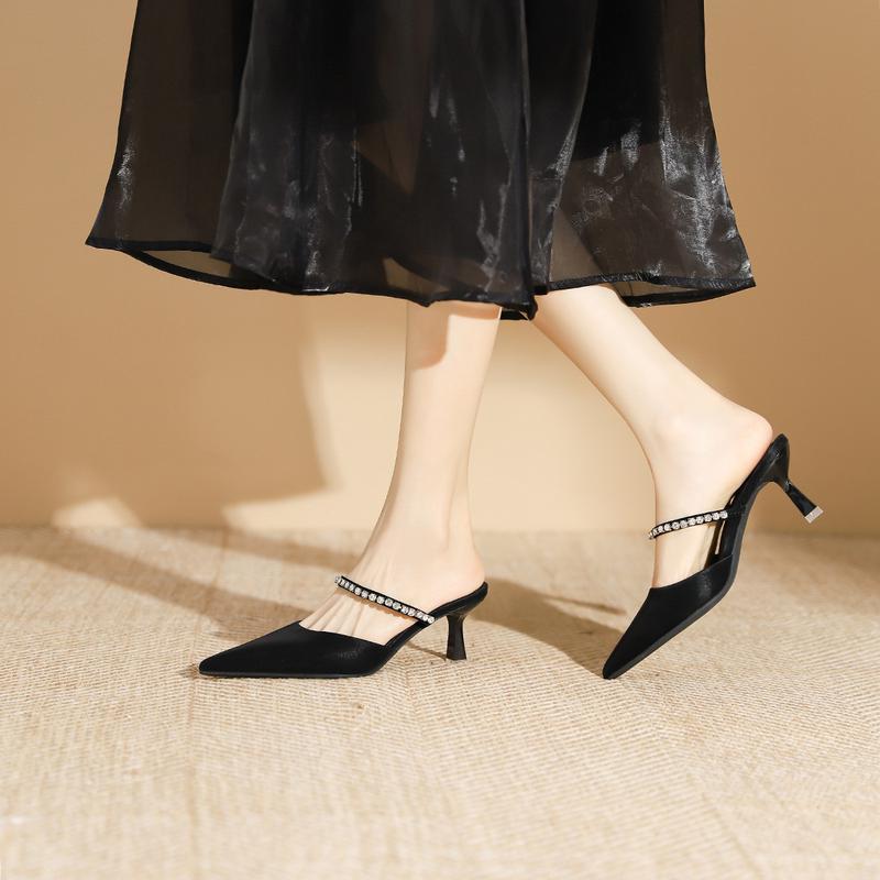 2025 New Summer Women's Rhinestones Shallow Mouth Pointed Head High Heel Single Black Sexy Bag Head Rear Empty Half Drag One-word Belt