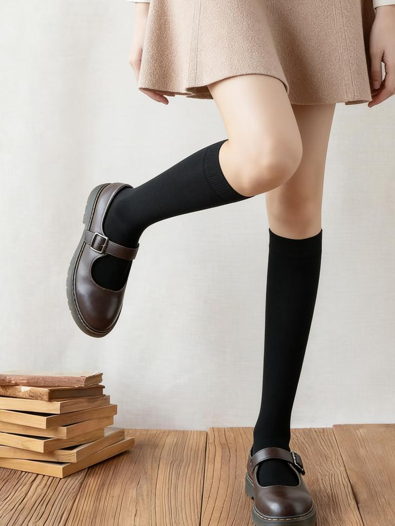 1 Pc Classic Black Velvet Calf Socks, Durable Breathable Hosiery Ideal For Jk Uniforms & Loafer Matching