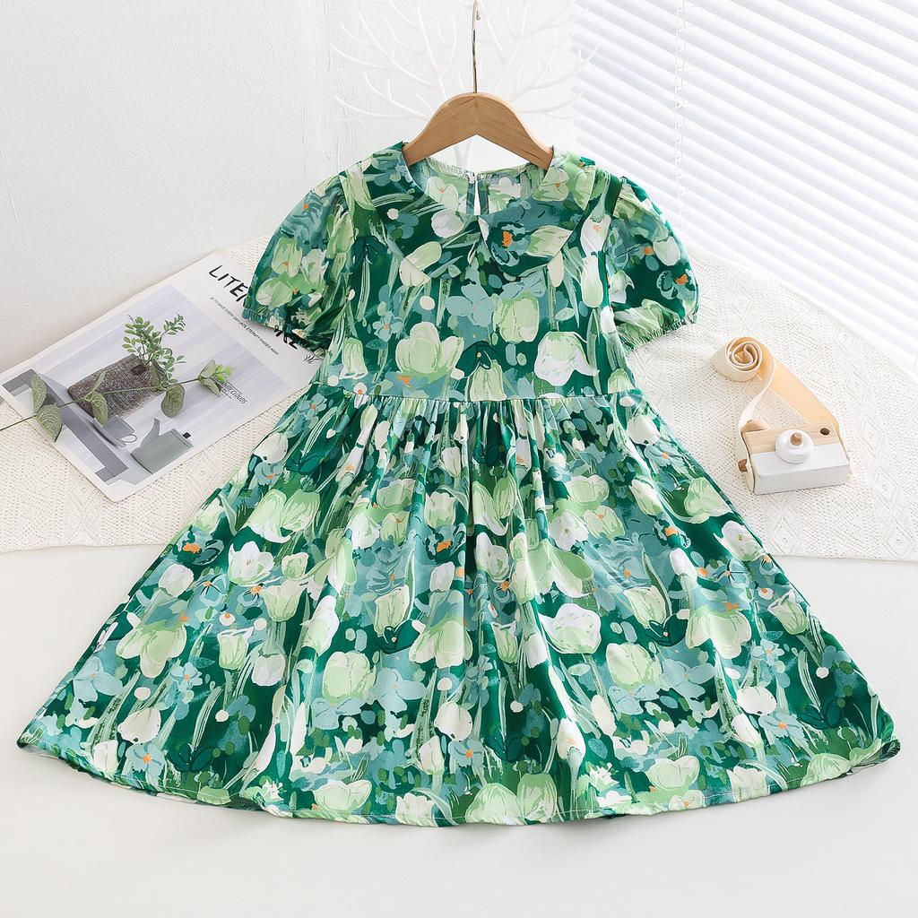 Resort Style Children's Clothing Summer Style Children's Cotton Silk Doll Collar Princess Dress Girls Artificial Cotton Floral Dress