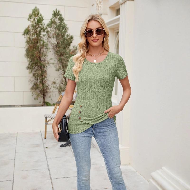 Top de damă nou, culoare uni, cu gât rotund, la modă, cu nasturi și volane la mânecile scurte