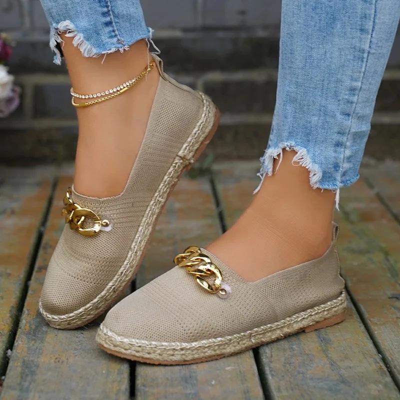 2024 Hot Fashion Spring and Autumn Solid Color Flat Heel Slip-on Women's Shoes Round Toe Shallow Mouth Slip-on Metal Decoration