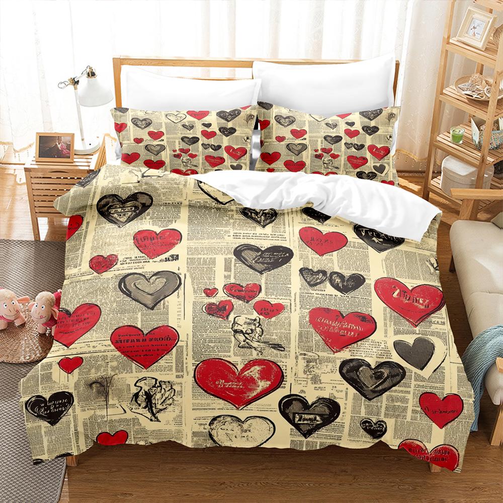Love Heart And Newspaper Splicing Bedding Set Comforter Cover Soft Romantic Duvet Cover  For Girls Women Room  Valentine's Day