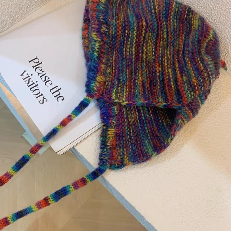 Winter Ear Protection Hat Rainbow Stripe Knitted Headgear Korean Women Fisherman Cap Girls Ski Riding Bonnet