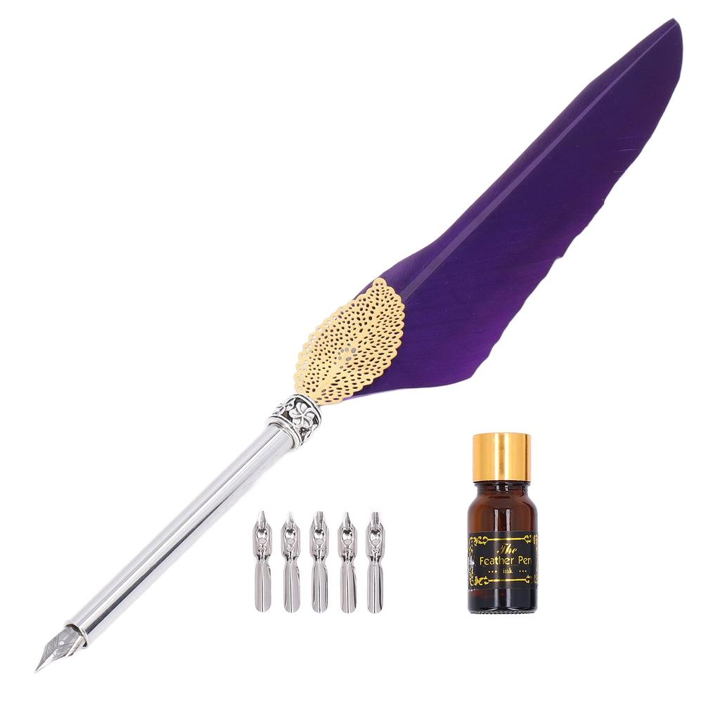 Quill Pen Set Exquisite Feather Design Retro Hollow Style Calligraphy Pen with Empty Ink Bottle Metal Nib SP101014