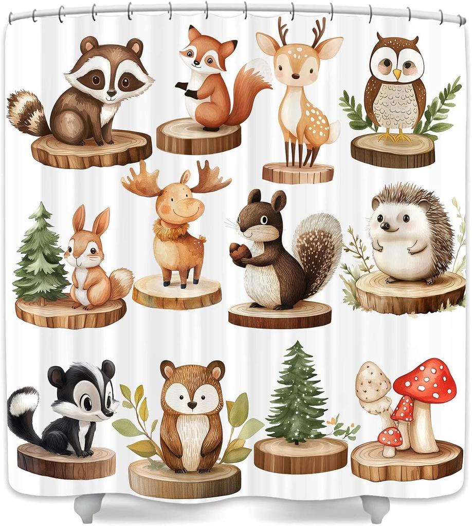 Tiere Duschvorhang für Kinder, Bemalter tropischer Tiere Badewannenvorhang, Cartoon Niedliches Eichhörnchen Waschbär Igel Badezimmer
