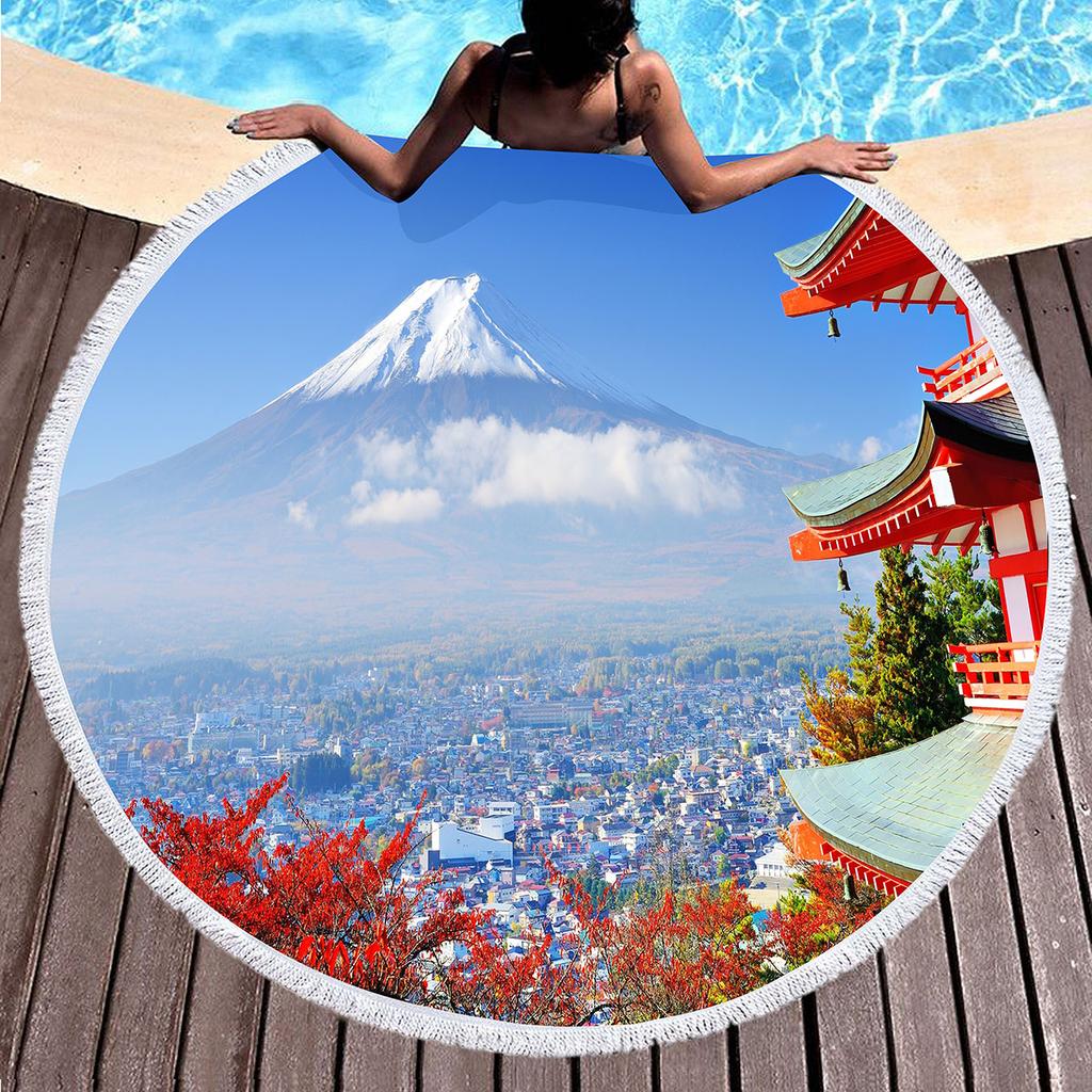 Japanese Mount Fuji Round Beach Towel,Snow Mountain Sand Free Lightweight Beach Blanket,Absorbent Quick Dry Pool Towel Yoga Mat