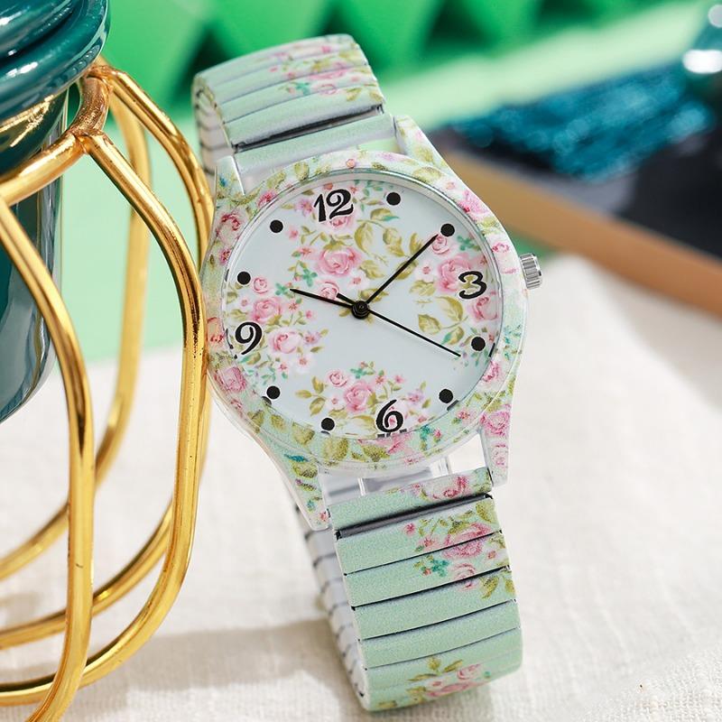 Montre Mode Couleur Imprimée Bracelet Élastique Montre Dame