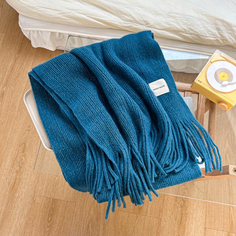 Korean Style Knitted Woolen Scarf for Women Winter New Solid Color White Student Long Warm Scarf High End