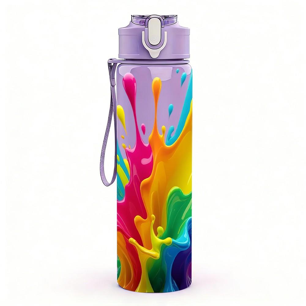 1PC Vibrant Splashing Paint Abstract Print 750ml Color Plastic Sports Water Bottle Leakproof Flip Straw Lid Suitable for Sports Office Home Use