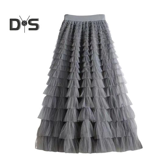 Dámská dortová sukně Jednobarevná sukně středního pasu Dlouhá sukně s elastickým pasem Síťovaný lem A-linii Maxi sukně pro každodenní nošení