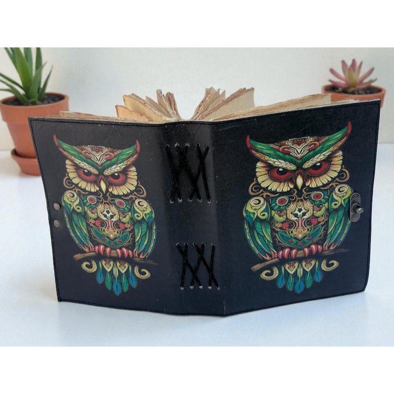 Handmade Leather Owl Journal, Vintage Deckle Edge Diary with Lock
