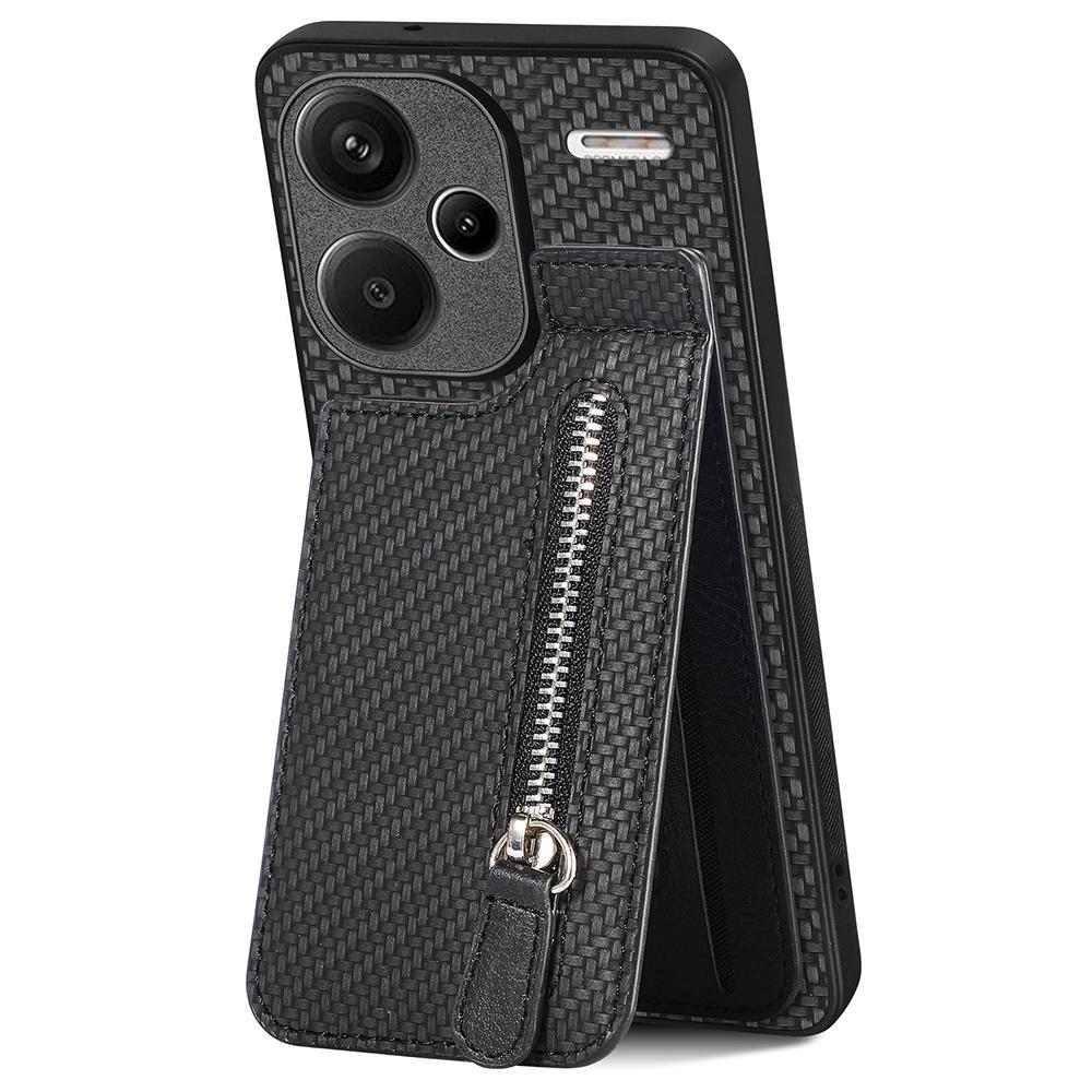 

C1-03 For Xiaomi Redmi Note 13 Pro+ 5G Case Zipper Pocket Vertical Kickstand Carbon Fiber Phone Cover Black