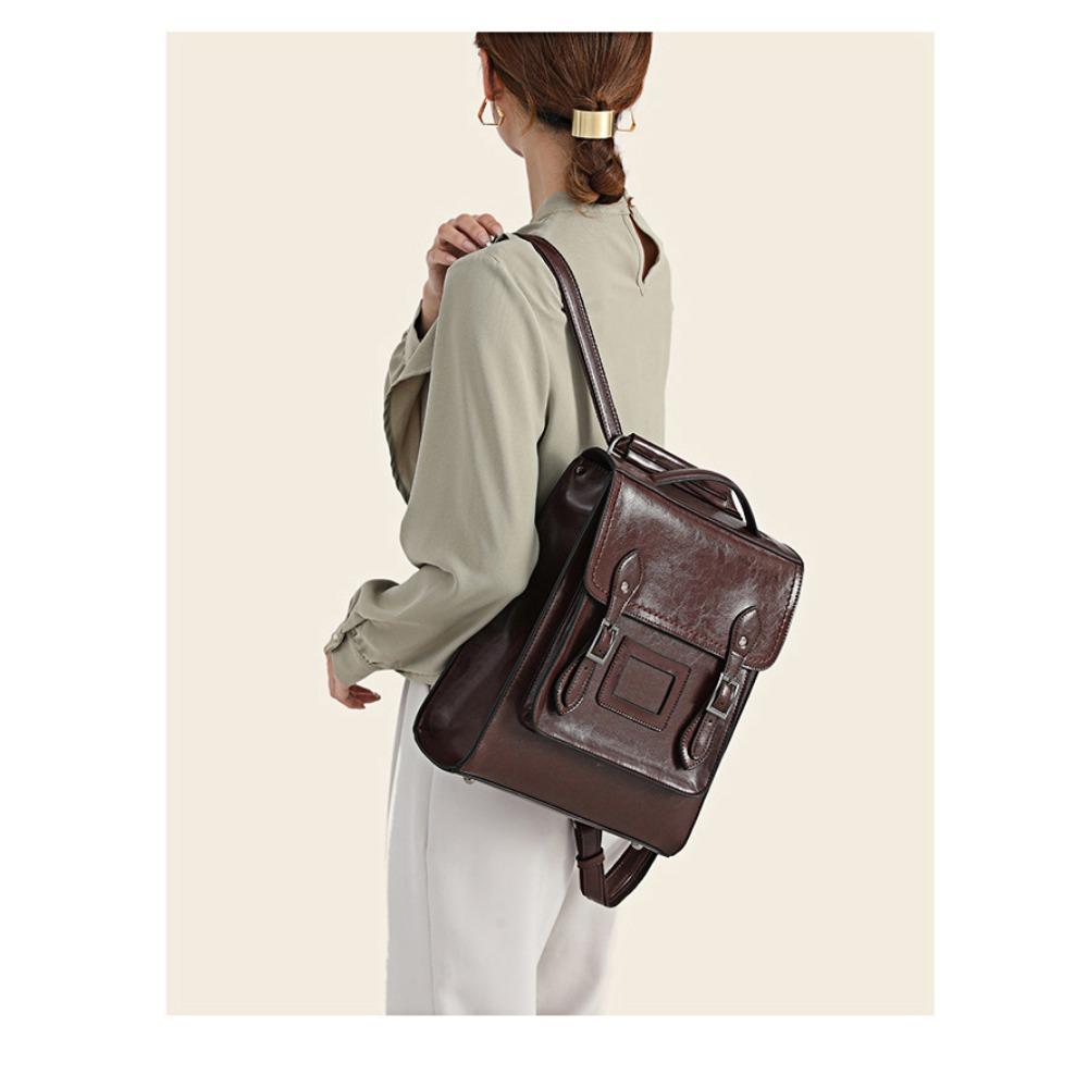 Leather Women's Bag Oil Wax Cowhide Backpack Women's Retro Versatile British College Wind Large Capacity Backpack