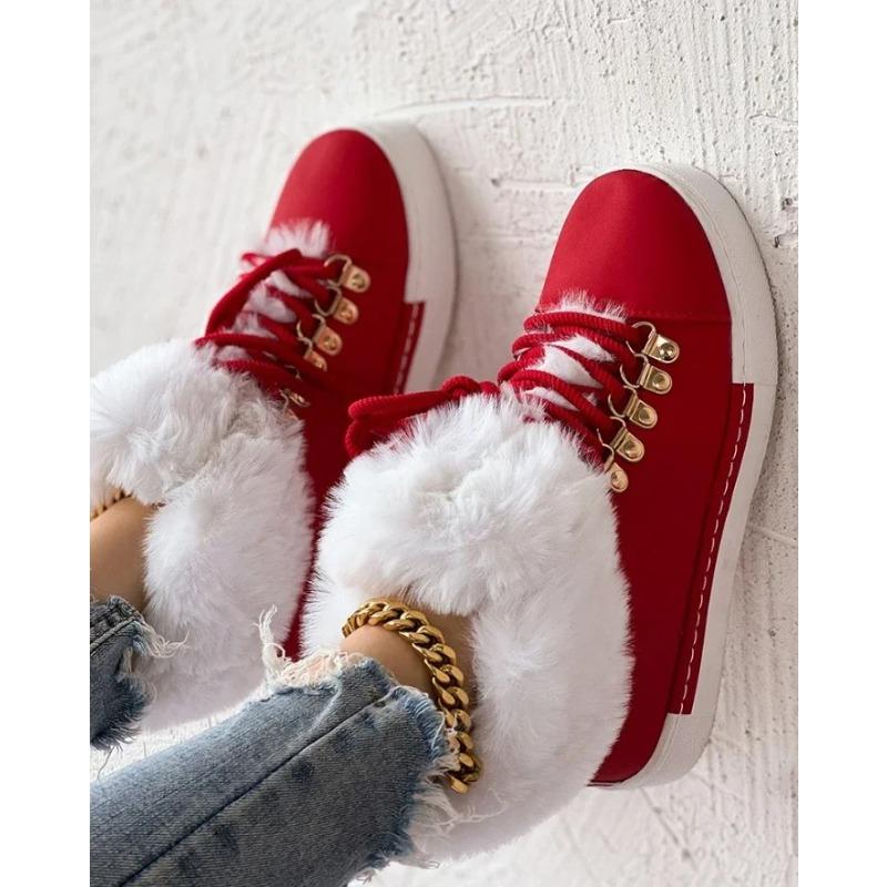 Women's Boots Christmas Fashion Lace-Up Fuzzy Lined Ankle Boots Casual Round Toe Flat Boots