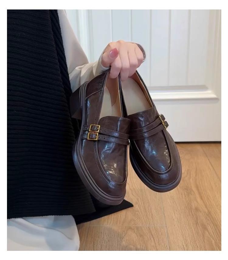 Spot Second Hair! British Style Small Leather Shoes Women's Double-breasted Buckle Belt Versatile One-pedal Thick Heel Single Shoes Platform Loafers