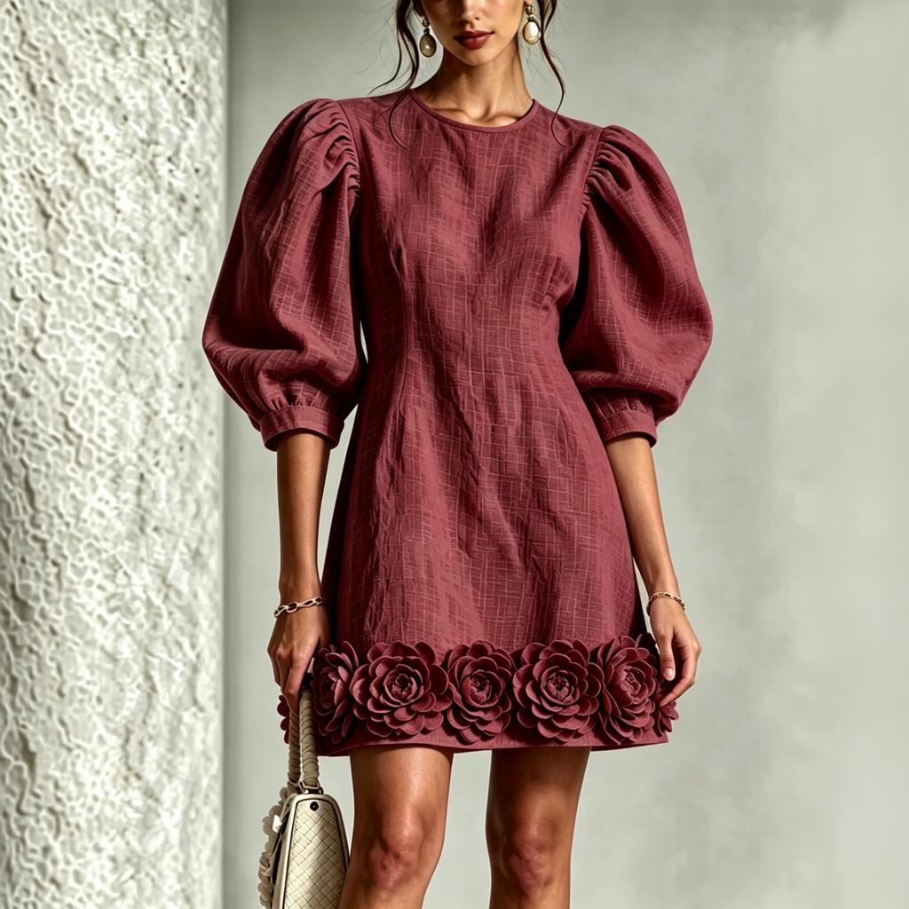 Women's Puff Sleeve Color Dress with 3D Floral Embellishment