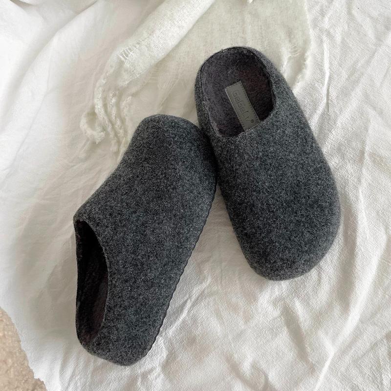 Autumn Winter Women's Mules Slippers Concise Round Toe Platform Flats Outdoor Slides Fashion Slip On Woolen Fabric Shoes