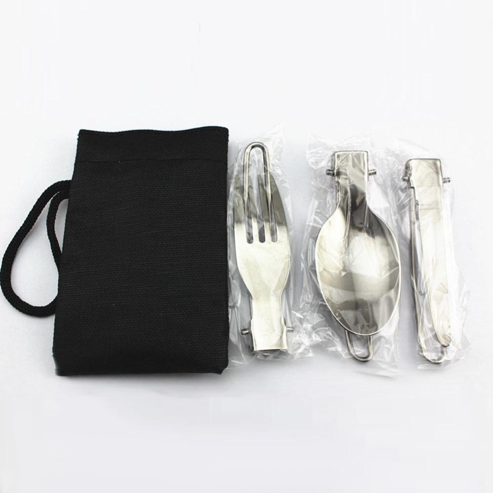 Stainless Steel Folding Camping Cutlery Set: Knife, Fork, Spoon - Lightweight & Portable for Hiking and Picnics.