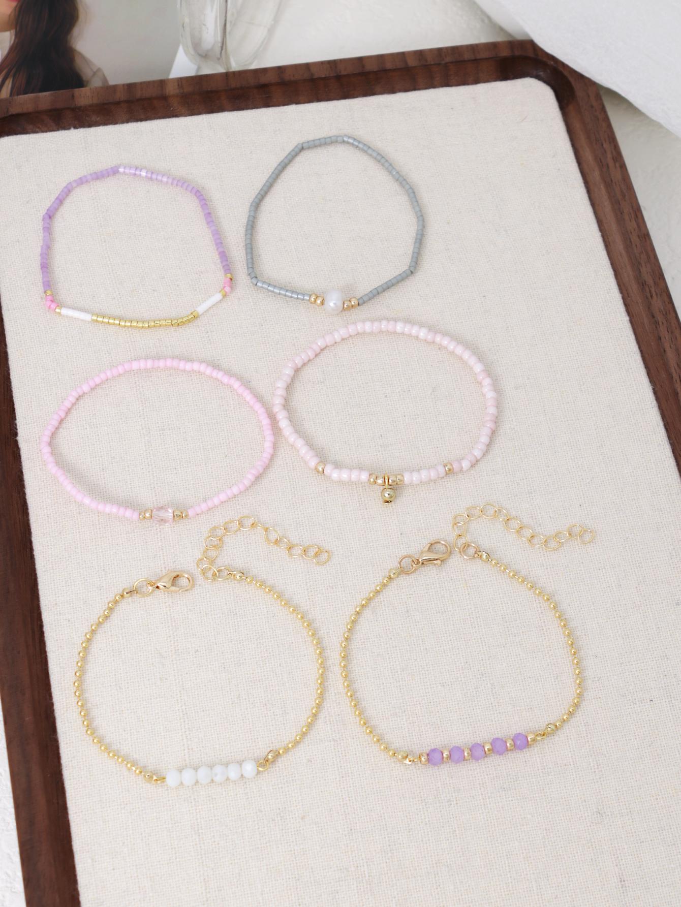 

6PCS Bohemian Multi colored Bead Stacked Elastic Bracelet Holiday Party Accessories Friendship Gifts