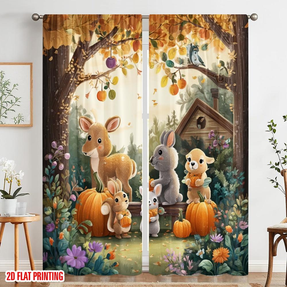 2pcs,2D Plane Printing Curtain Fabric Fall Animal Party Versatile Durable Polyester (without Rod) Gifts Use for Bedroom, Living