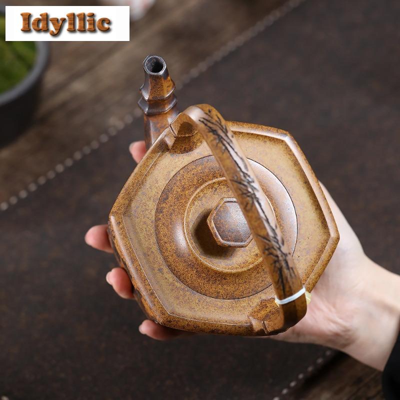 350ml Yixing Purple Clay Teapots Handmade Lifting Handle Pot Raw Ore Wood-fired Porcelain Mud Kettle With Infuser Zisha Tea Set