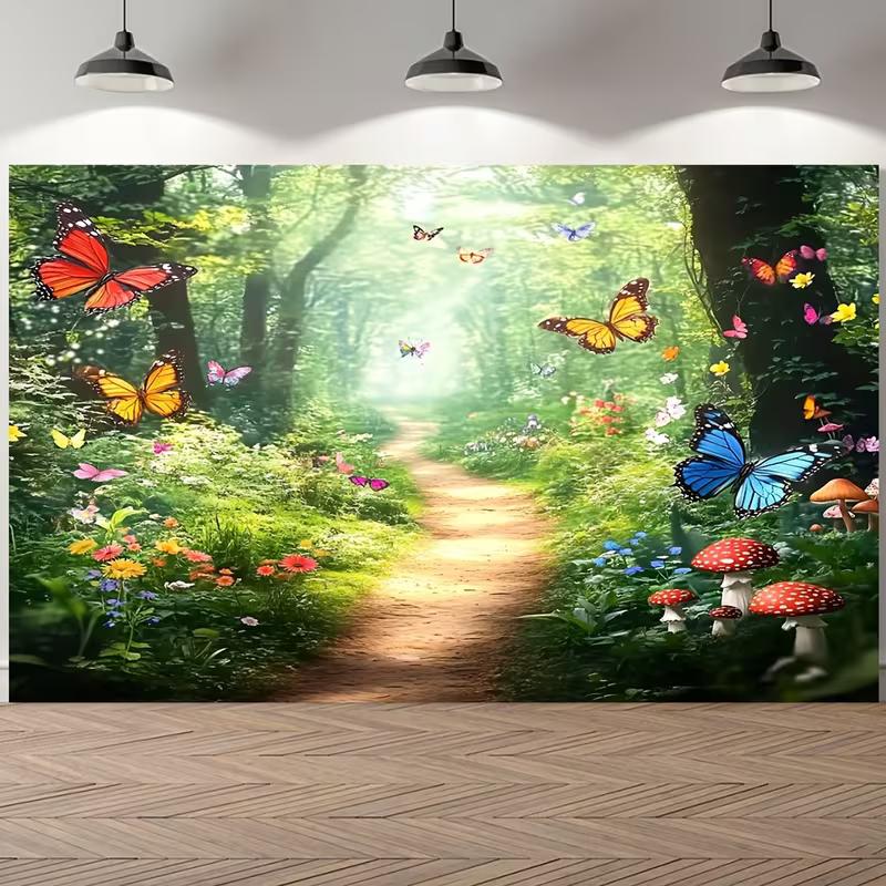 

2D Enchanted Forest Tapestry, Butterflies Flowers Mushroom Path Wall Hanging, Nature Scenery Decor 47.2x31.5inch/120*80cm