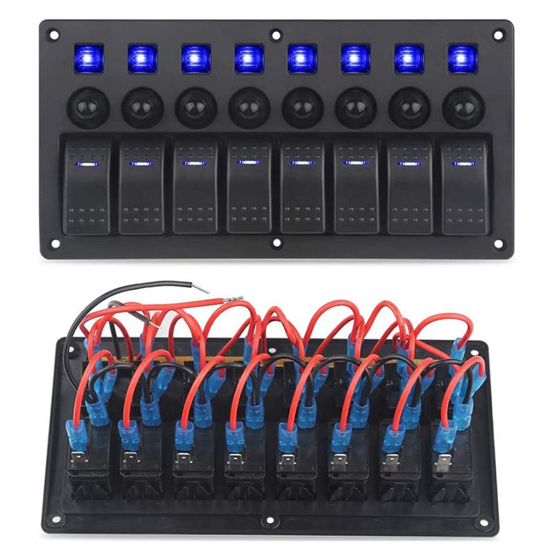 Painel de interruptores de balancim para barco marinho de 8 vias com disjuntores, painel de interruptores LED 12V 24V para barco, trailer, caminhão, acessórios