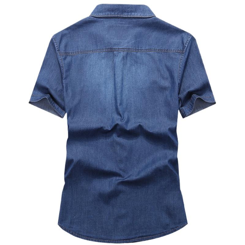 Men Multi pockets Blue Denim Shirts Summer Male Short Sleeve Tooling Shirts Men Cotton Casual Jeans Shirts 4XL
