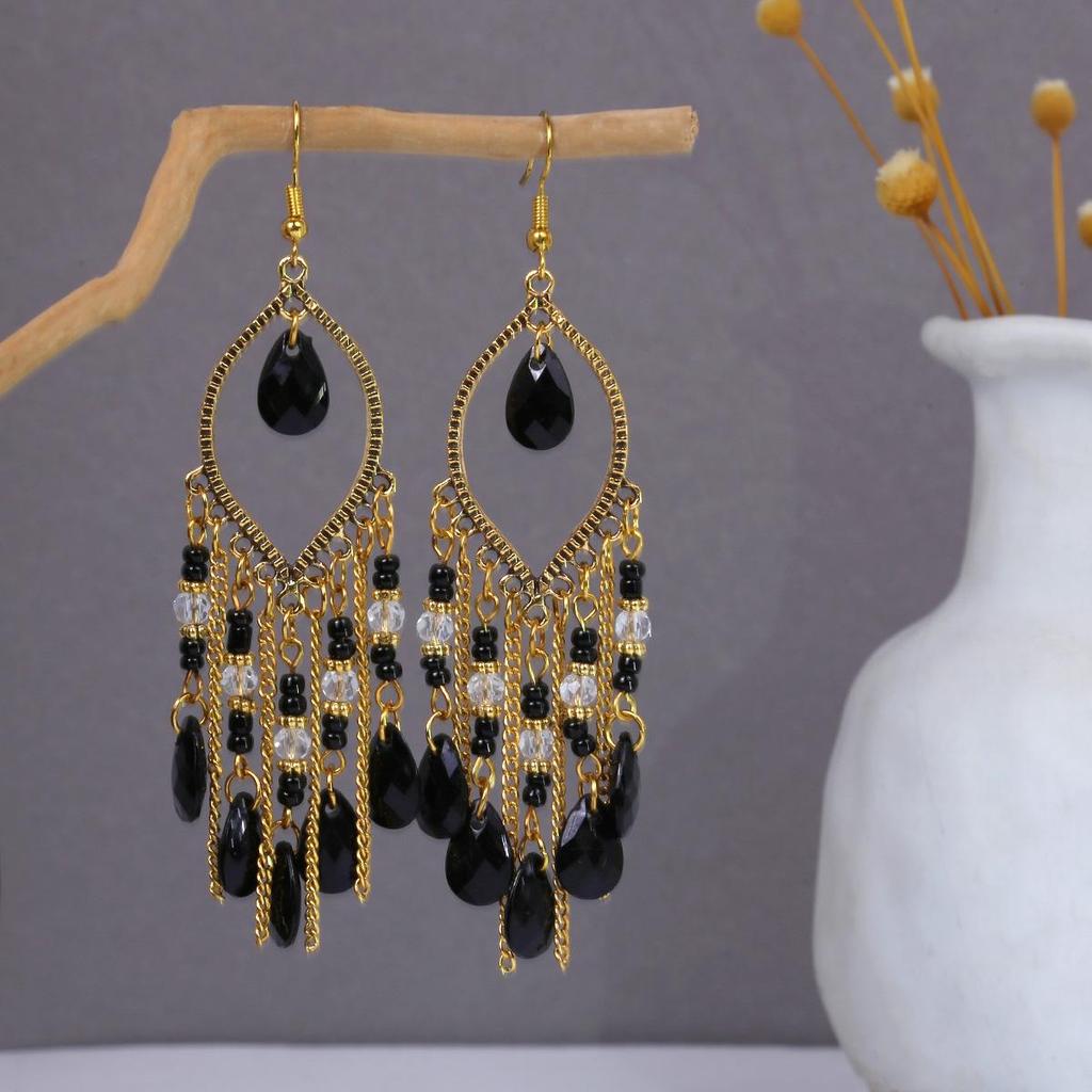 Brincos Boêmios de Borla Gota de Água: Estilo Étnico Retrô com Miçangas de Arroz Coloridas para Mulheres